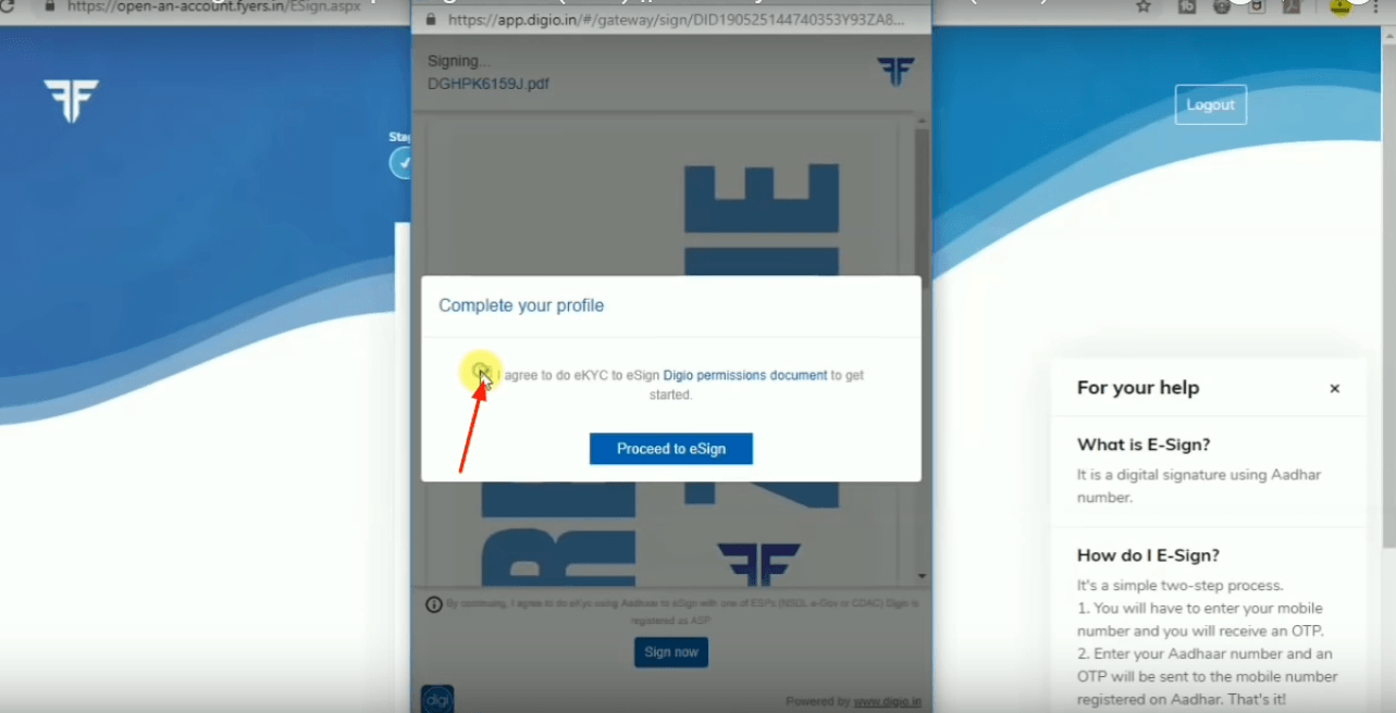 signing Fyers account opening documents through aadhar e-sign
