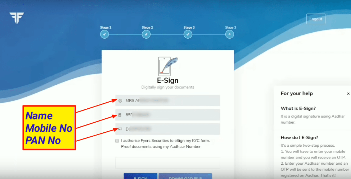 Fyers account E-sign OTP verification 